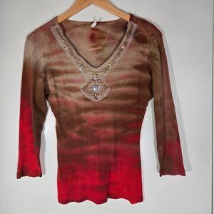 Taryn Taylor 90s Vintage Tie Dye V Neck Jewel Trim Boho Long Sleeve Size M